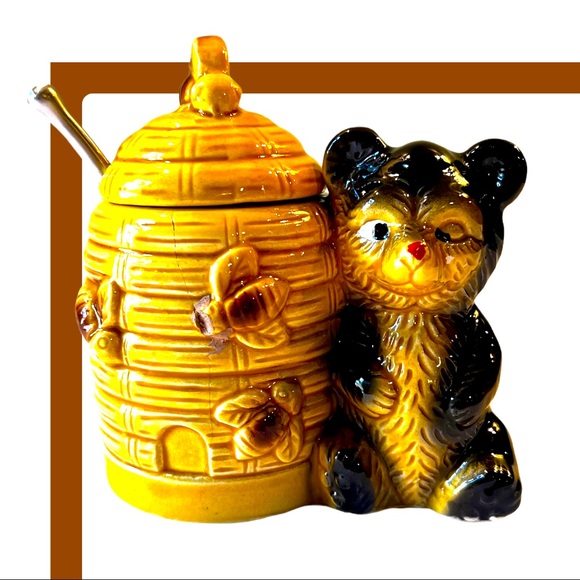 Vintage 1960's Armbee Ceramic Bear Honey Pot With Lid And Spoon Made In Japan - Picture 1 of 2